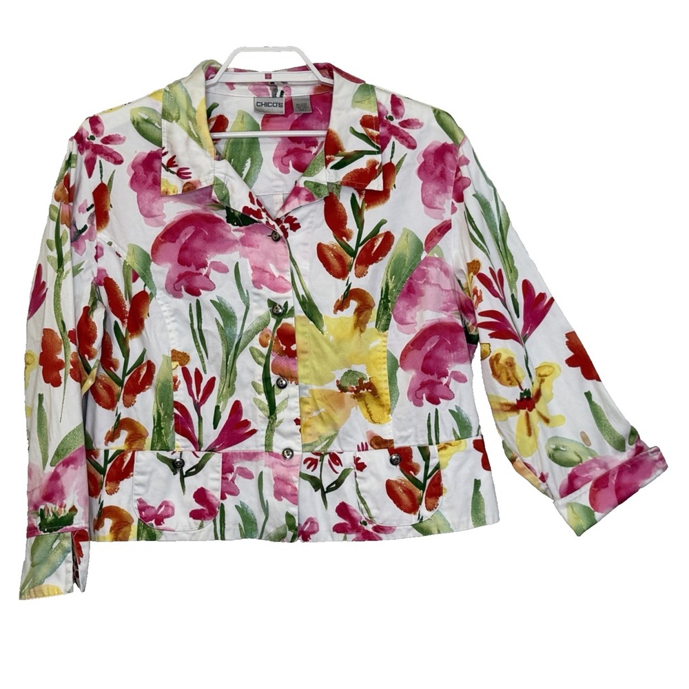 Chico's Lightweight Jacket Sz 2 Large Floral Print Button Front Long Sleeve